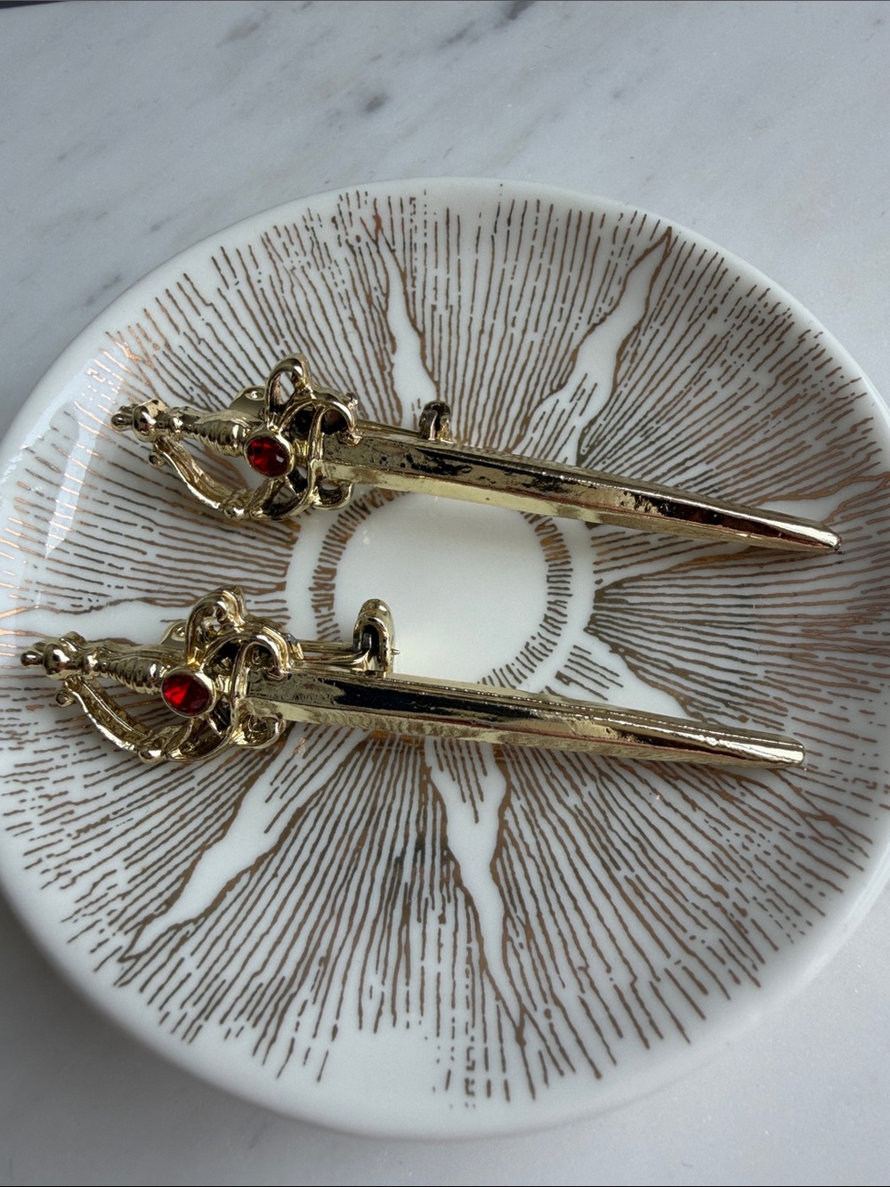 Sword gold Brooches with red rhinestone accents- whimsigoth - Picture 2 of 4
